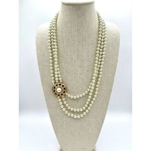 Vintage Triple Strand Glass Pearl Statement Necklace W/ Off Center Focal Bead